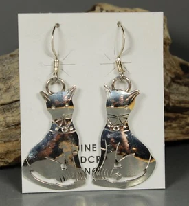 Cat Earrings by Navajo Louisse Yazzie Sterling Silver - Picture 1 of 7