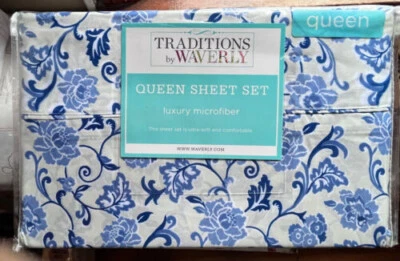 Waverly BLUE FLORAL VINES Queen Size Sheet Set - soft & comfy - Image 1 of 2