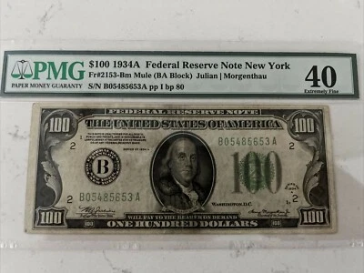 1934-A $100 Federal Reserve Note MULE New York  PMG 40 - Image 1 of 4