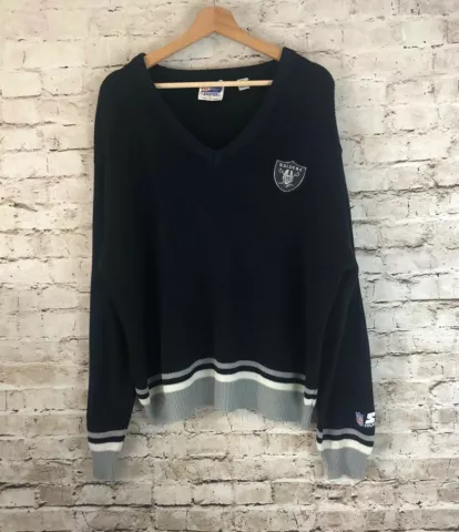 NFL Starter Men's Large Raiders V Neck Pullover Sweater Acrylic Black Gray READ Cover