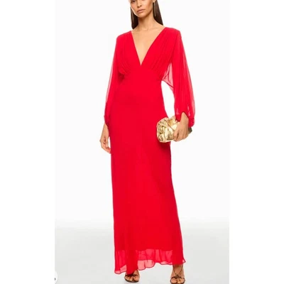 Shona Joy Red Plunging Chiffon Gown SIZE 4 Formal Draped Maxi Dress $440 Flaw - Image 1 of 4