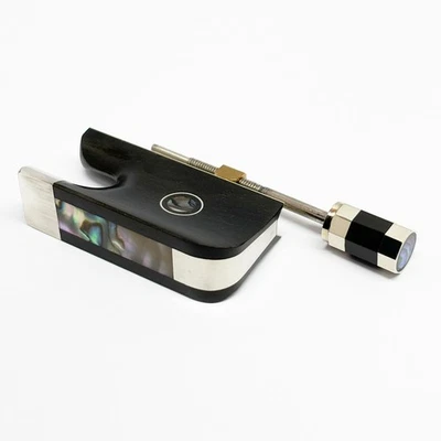 4/4 Cello Bow Ebony Frog Nickel Silver Abalone Frog + Screw Button - Image 1 of 4