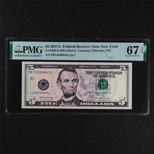 2017A Federal Reserve Note New York 5 Dollars Fr#1998-B PMG 67 EPQ SuperbGem UNC - Picture 1 of 4