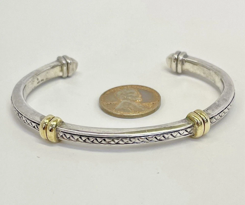 SCOTT KAY 925 SILVER & 18KT Y. GOLD CUFF BASKET-WEAVE 6.75” BRACELET #87 - Image 1 of 4