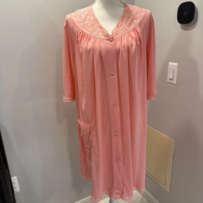 Vintage Shadowline Robe Large Peach Silky Button Lace Nightgown Knee Length - Image 1 of 4
