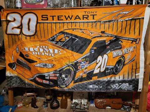 Tony Stewart # 20 HOME DEPOT DOUBLE SIDED FLAG & Championship Hi-Rev metal Hood Cover