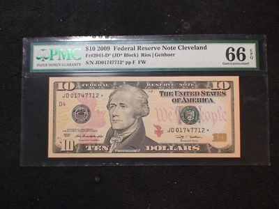 2009 CLEVELAND $10 Dollar PMG GEM UNC 66 EPQ Federal Reserve STAR NOTE $10 BILL! - Image 1 of 4