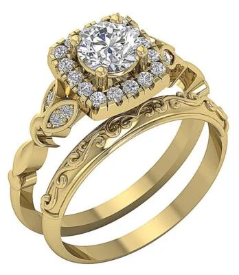 VS F 1.20 Carat Lab Grown Diamond 10K Yellow Gold Cushion Halo Bridal Ring Set - Image 1 of 4