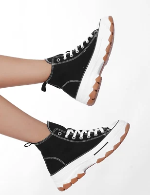 ON TREND BLACK CANVAS PLATFORM HI TOP PLIMSOLL WITH BLACK ACCENT ON SOLE DETAIL