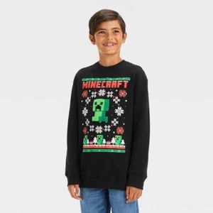 Boys Minecraft Holiday Christmas Black Sweatshirt XS New - Picture 1 of 5