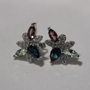 Maxine: Sapphire, Smoky Quartz & Green Tourmaline Flower Earrings (lab created) - Picture 1 of 16