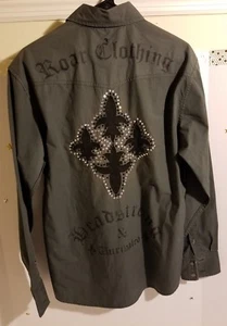 Mens Roar Long Sleeve Shirt Button Down Dark Green Faded Wash Embellished Size M - Picture 1 of 8