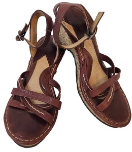 BORN Sandals Strappy Brown Tan Leather Wedge High Heel Cork Women's Size 9 - Picture 1 of 9