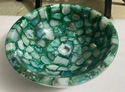 12" Round Green Agate Stone Washbasin And Kitchen Vanity Sink For Washroom Decor - Image 1 of 4
