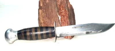 Cuchillo de Caza De Colección Apilado Mango de Cuero 5" Hoja Fija Aluminio Pummel 9 1/8" Foto 1 de 4