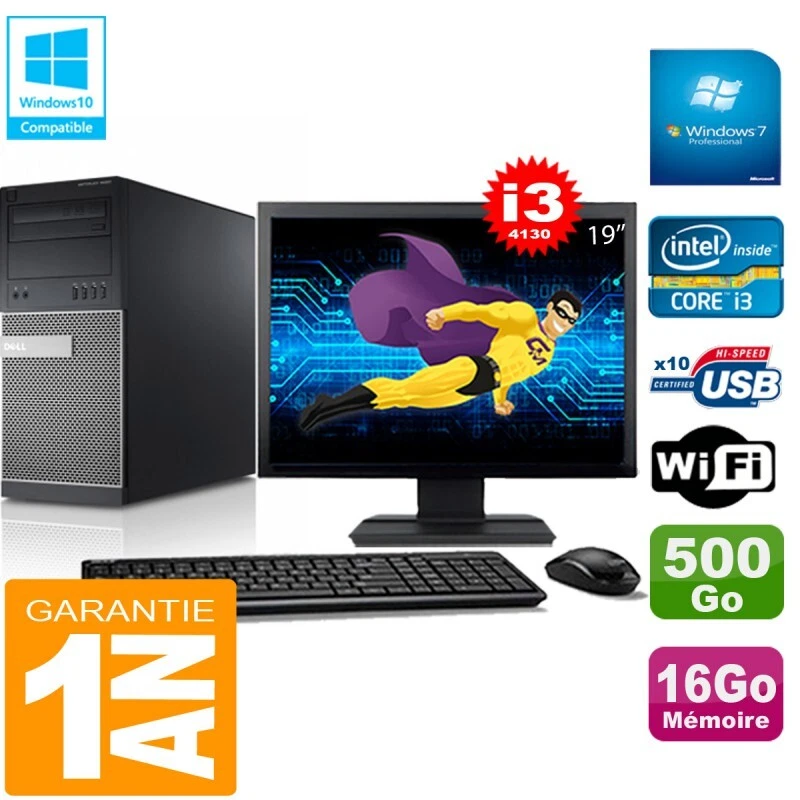 PC tour DELL 9020 Core I3-4130 RAM 16Go Disco 500 Go Wifi W7 Pantalla 19" - Imagen 1 de 1