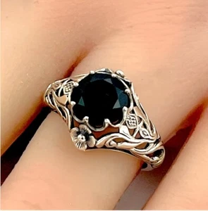 ART NOUVEAU STYLE "SCOTTISH THISTLE" BLACK AGATE 925 STERLING SILVER RING  #761 - Picture 1 of 4