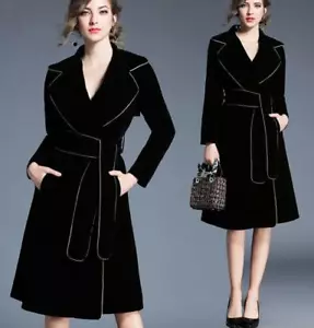 Women A-line Velvet Dress Coat Slim Fit Belt Mid Long Sleeve Lapel Evening Dress - Picture 1 of 11