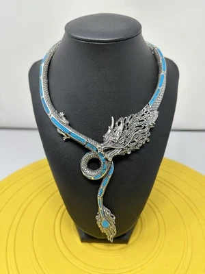 Sterling Silver Turquoise & Marcasite Dragon Pendant Choker Necklace 101g 16 In - Image 1 of 4