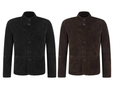 Mens Calf Suede Leather Jacket Stand Collar Button Up Casual Blazer Style Jacket - Image 1 of 2