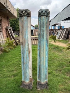 Antique Style Hand-Carved Wooden Pillar Pair Of 2 Architectural Column Decor - Picture 1 of 6