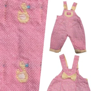 Vtg Oshkosh B'Gosh Overeralls 3-6 Mo Pink Yellow Ducks Striped Vestbak Bow Girl - Picture 1 of 7