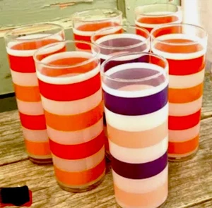 🔥 7 MCM 1960’s Drinking Glasses Glass Retro Frosted Red Tangerine Purple Stripe - Picture 1 of 8