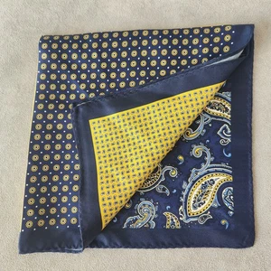 Cremieux square pocket blue yellow 100%silk 4 panels paisley micro print new $35 - Picture 1 of 11