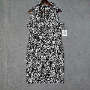 Calvin Klein Dress Women 14 Black White Abstract Ruffled V-Neck Sheath Party NWT - Picture 1 of 15