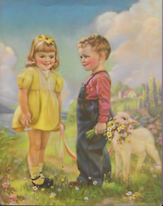 Mabel Rollins Harris, Girl Boy Flowers Lamb Farm 10"x8" Print Vintage