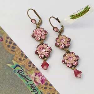 Michal Negrin Earrings Pastel Pink Crystals Enamel Long Floral Romantic Gift NWT - Picture 1 of 13