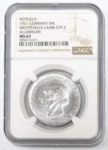 Notgeld 1921 Germany 5 Mark Westphalia Lamb 579.3 Aluminum NGC MS 63 - Picture 1 of 3