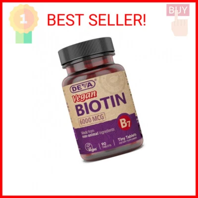 DEVA Suplemento de Biotina Vegana 6000 mcg - Vitamina B7 Fácil de Tragar, Tabletas Pequeñas Foto 1 de 2