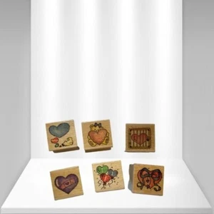 Set of 6 Vintage Wooden Rubber Stamp Assorted Heart Design - Picture 1 of 3