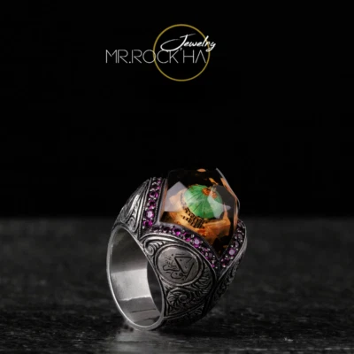 Masjid an-Nabawi, cúpula verde, motivo turco grabado, anillo grande de plata 925 para hombre Foto 1 de 4