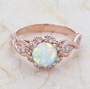 Rose Gold Filled Round Simulated Opal Wedding Engagement Gift Ring Size 6#