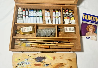 Caja de madera de pintura al óleo Grumbacher vintage 12 tubos cepillos linaza aceite madera paleta Foto 1 de 4