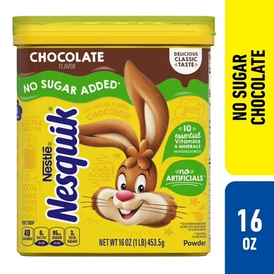 Nestle Nesquik No Sugar Added Chocolate Powder, 16 oz, Can, Makes Instant Chocol