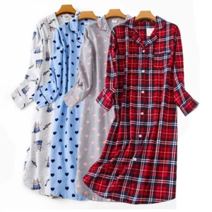Ladies 100% Cotton Nightgown Womens Long Check Nightshirt Button UP Nightie 8-24 - Picture 1 of 38