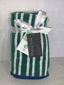 Max Studio Hand Towels (2) Blue Green White Stripes 100% Cotton 16 X 28” New NWT - Picture 1 of 5