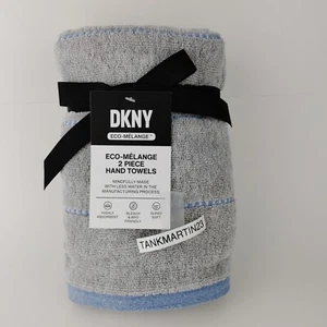 Set of 2 DKNY Gray w/ Blue Stripes Hand Towels 16" x 28" Eco-Mélange - Picture 1 of 5