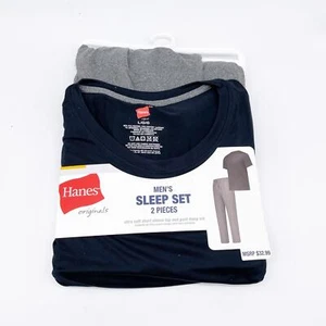 Hanes Originals Men's 2pc Ultra Soft Short Sleeve Top Pant Sleep Set Blue Size L - Picture 1 of 2