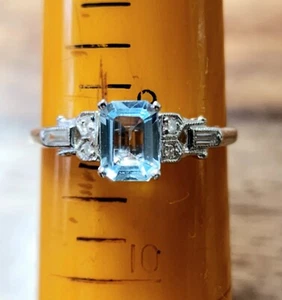 Vintage Platinum Aquamarine & Diamond Ring, Size 9 - Picture 1 of 7