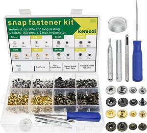 160 Sets Snap Buttons, Leather Fasteners Kit, Closure Setter, Metal Buttons Repa - Picture 1 of 12