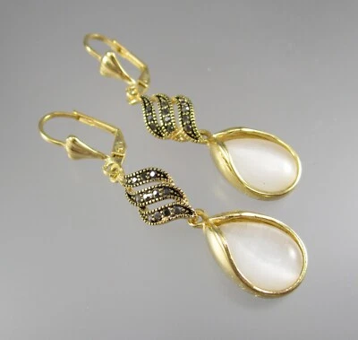 Pendientes 2" Largos Colgantes Tono Dorado Marcasita Lucita Lágrima Moda Poste 129P Foto 1 de 4