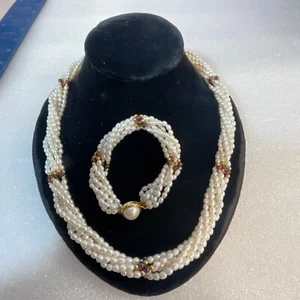 White Pearl 22" Necklace & 8" White Pearl Bracelet Set With Purple Gold Accents - Picture 1 of 11