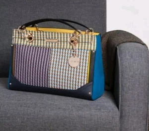 FROM UK River Island Handbag Shoulder Bag Purse Houndstooth Mustard Blue Black - Picture 1 of 17