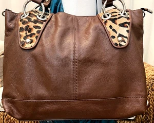 Innue Brown Leather with Calf Hair Tote Shoulder Bag (Car-026) - Picture 1 of 11