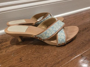 COACH Logo Blue Kitten Heels Mules Sandals Shoes Size 11 US - Picture 1 of 6