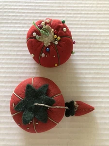2-OLD Vintage Pin Cushions Red Fabric Tomato One w/Strawberry Sewing Pins JAPAN - Picture 1 of 16